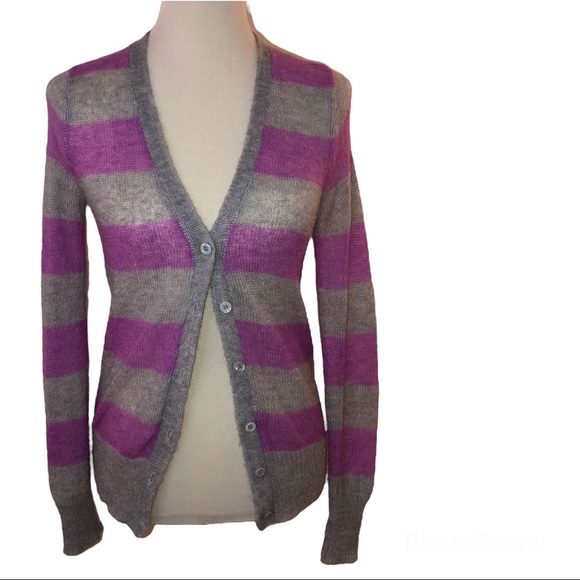 I Love H81 Women's Small Purple & Grey Striped Eyelet Cardigan Sweater - Picture 4 of 8